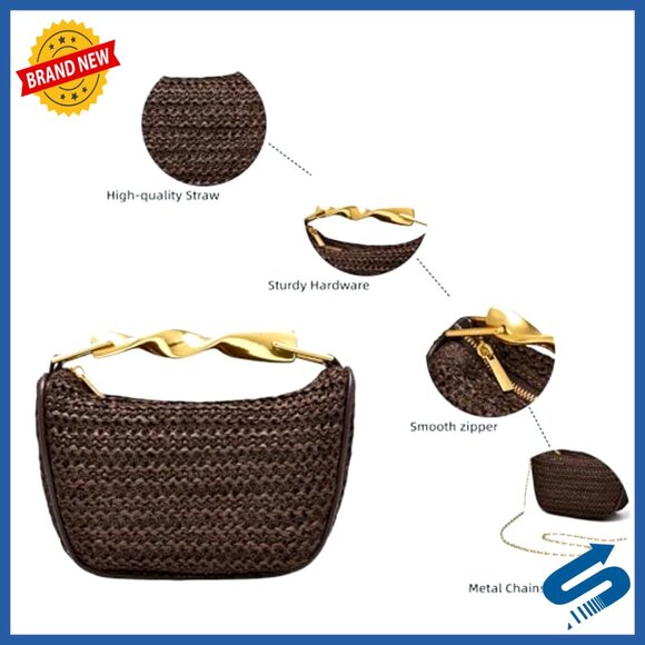 Mini Straw Clutch Crossbody Shoulder Bag Handwoven Boho Summer Evening Purse - Picture 6 of 7